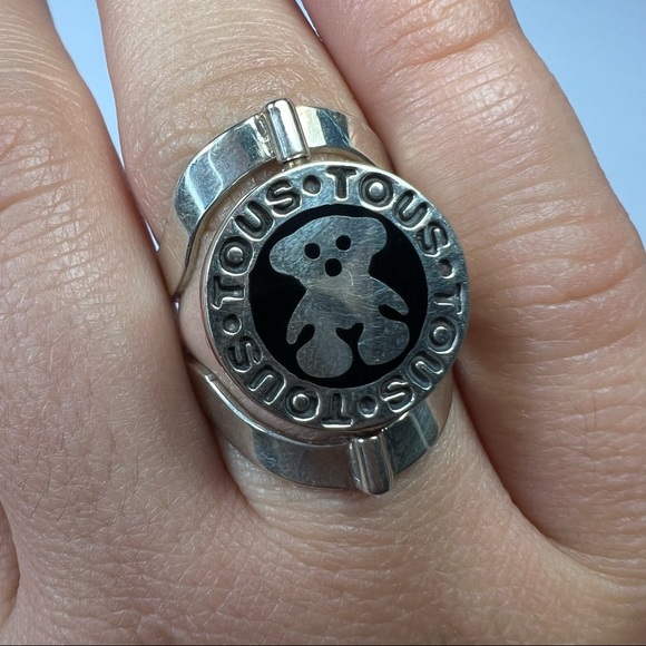 Black Mother of Pearl Teddy Bear Sterling Silver Ring Size 8 Adjustable - Picture 9 of 13